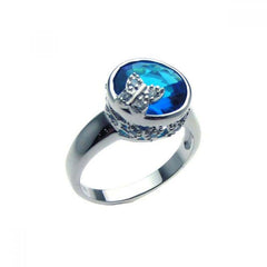 Sterling Silver Filigiree Accent Butterfly Design Set with Round Cut Blue Cz Ring