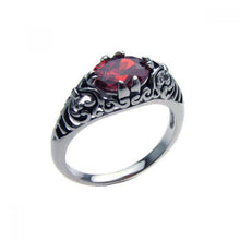 Load image into Gallery viewer, Sterling Silver Oxidized Rhodium Plated Antique Style Filigree Accent with Centered Oval Cut Red Cz Ring