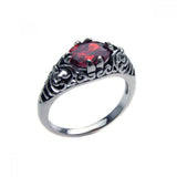 Sterling Silver Oxidized Rhodium Plated Antique Style Filigree Accent with Centered Oval Cut Red Cz Ring