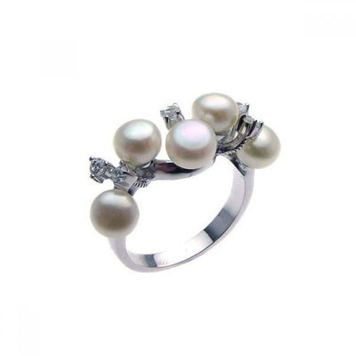Sterling Silver Fancy Band Ring Set with Multi Round Cut Clear Czs and White Pearls