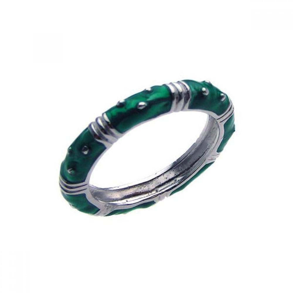 Sterling Silver Fancy Green Enamel Band Ring with Multi Dotted Design