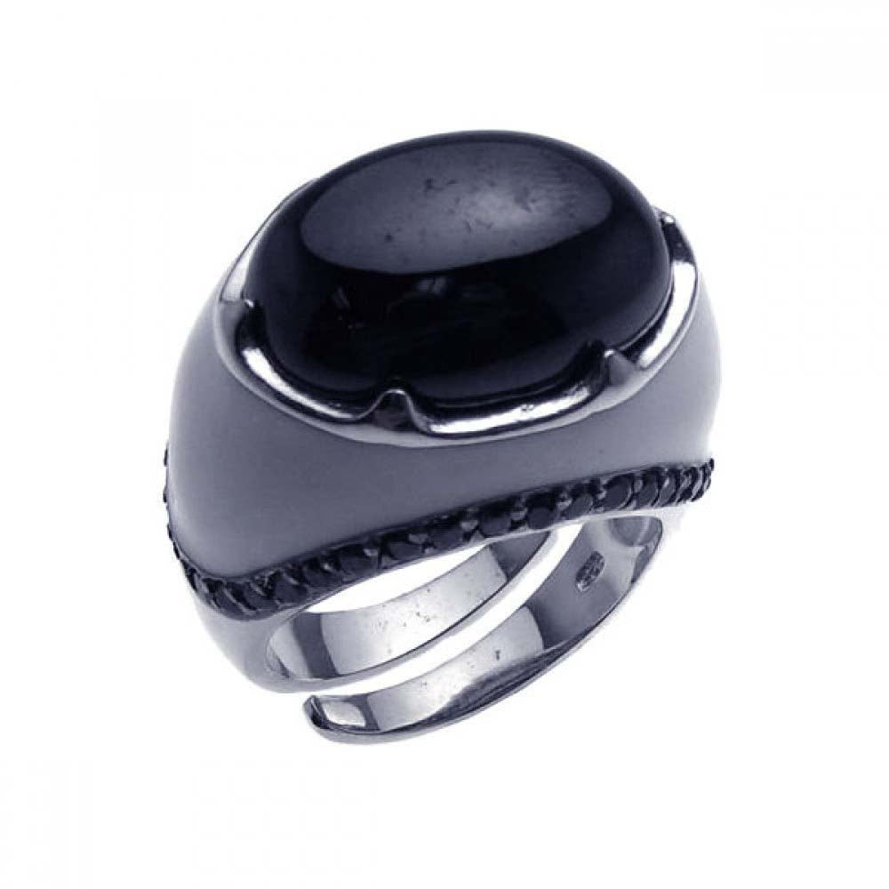 Sterling Silver Fancy Two-Toned Domed Open Band Ring with Centered Oval Cut Black Onyx Stone and Embedded with Black Czs