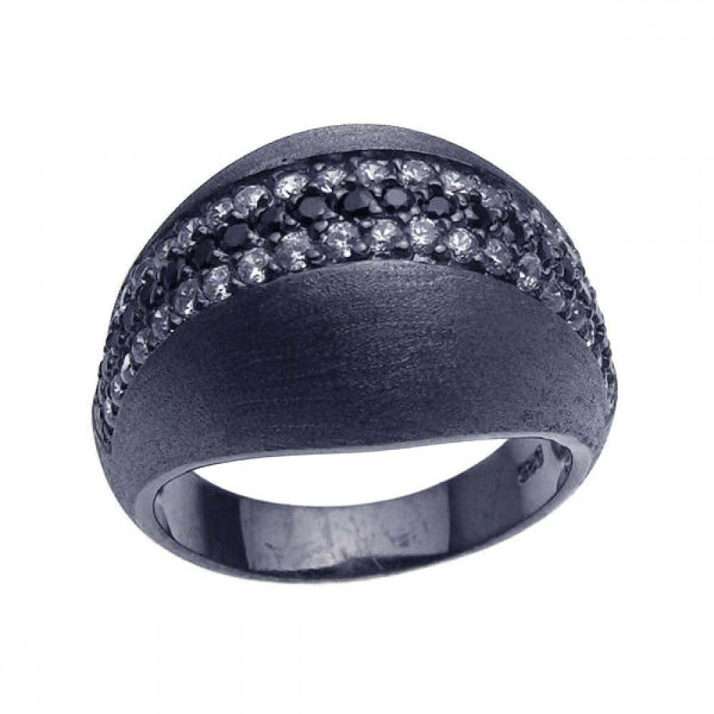 Sterling Silver Black Rhodium Plated Matte Finish Domed Band Ring Embedded with Micro Paved Clear and Black Czs