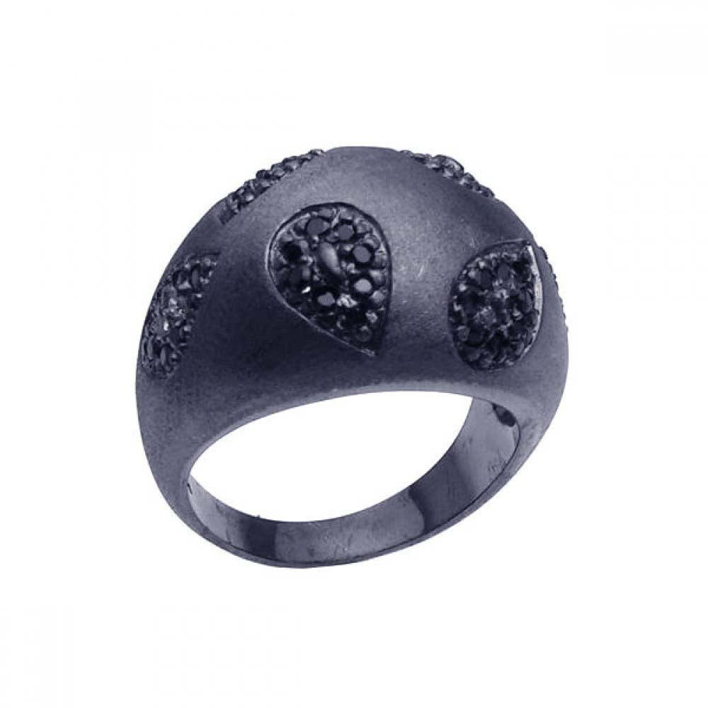 Sterling Silver Black Rhodium Plated Matte Finish Domed Band Ring with Muti Teardrop Pattern Design Inlaid with Black Czs