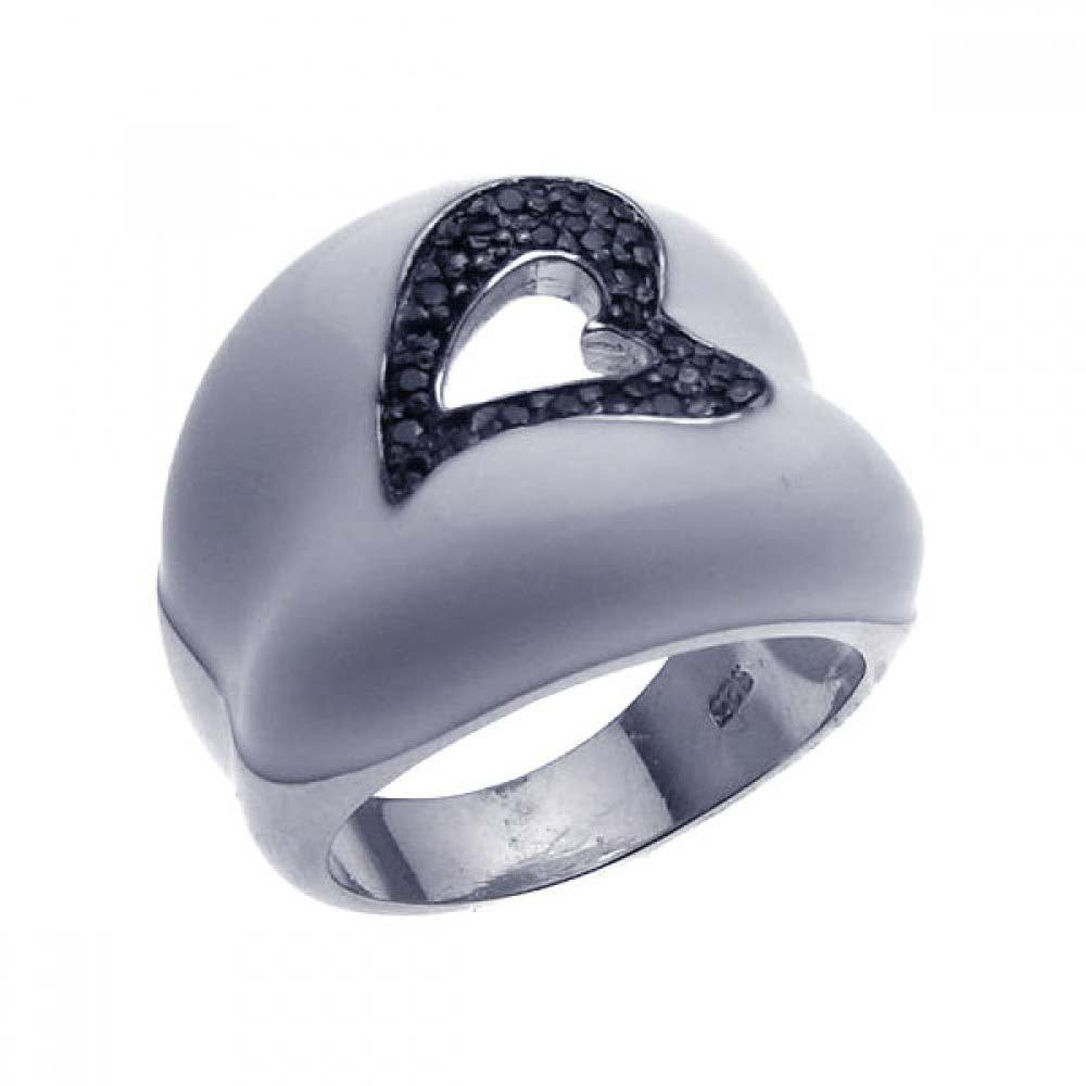 Sterling Silver White Enamel Domed Band Ring with Centered Open Heart Design Inlaid with Black Czs