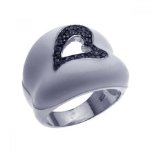 Load image into Gallery viewer, Sterling Silver White Enamel Domed Band Ring with Centered Open Heart Design Inlaid with Black Czs