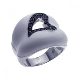 Sterling Silver White Enamel Domed Band Ring with Centered Open Heart Design Inlaid with Black Czs