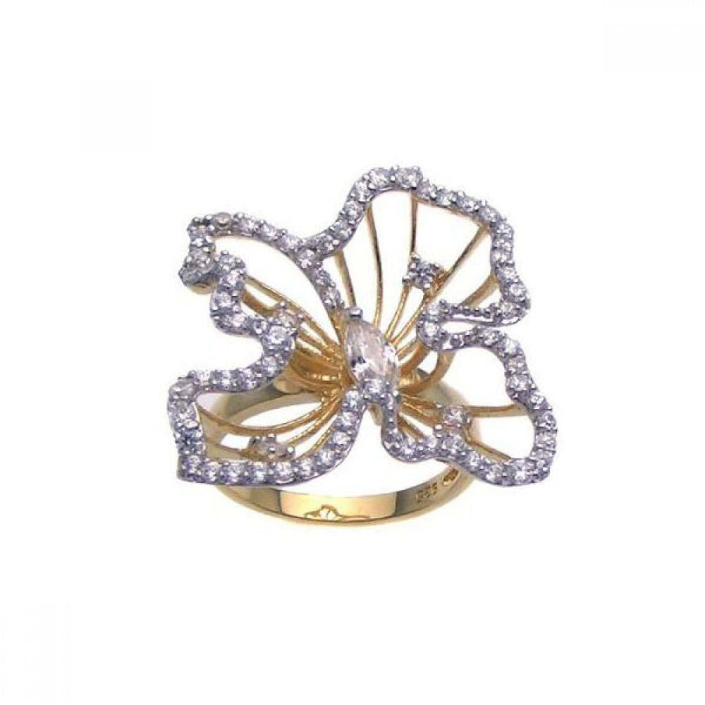 Sterling Silver Gold Plated Fancy Flower Design Embedded with Clear Czs Ring