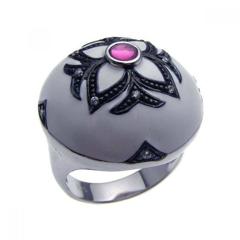 Sterling Silver Fashionable White Enamel Domed Band Ring with Black Rhodium Plated Flower Design Inlaid with Clear Czs and Centered Purple Cz on Bezel Setting