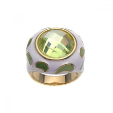 Load image into Gallery viewer, Sterling Silver Gold Plated Fancy White Enamel Domed Band Ring with Multi Green Enamel Pattern Design and Centered Green Cz on Bezel Setting