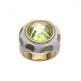 Sterling Silver Gold Plated Fancy White Enamel Domed Band Ring with Multi Green Enamel Pattern Design and Centered Green Cz on Bezel Setting