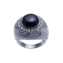 Load image into Gallery viewer, Sterling Silver Fancy Domed Band Ring with Flower Design Embedded with Micro Paved Clear Czs and Centered Round Cut Black Onyx Stone