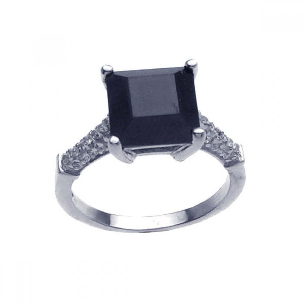 Sterling Silver Classy Solitaire Princess Cut Black Cz Paved Band Ring