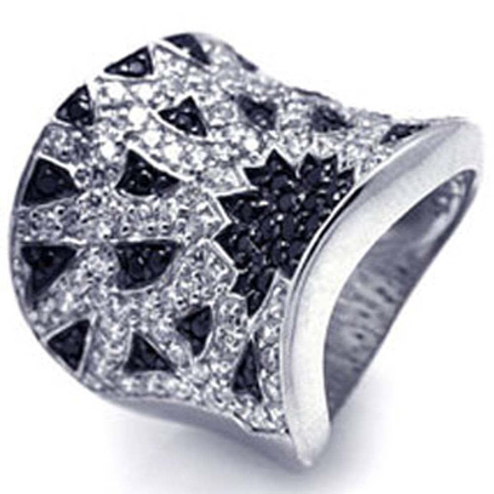 Sterling Silver Elegant Two-Toned Cigar Band Ring with Pattern Design Inlaid with Micro Paved Clear and Black Czs