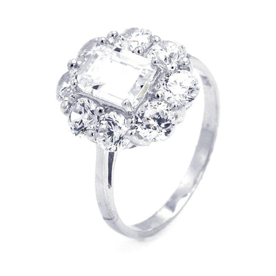 Sterling Silve Rhodium Plated Rectangular Center CZ Flower Ring