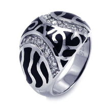 Load image into Gallery viewer, Sterlng Silver Fancy Black Enamel Domed Band Ring with Swirl Pattern Design and Embedded with Clear Czs