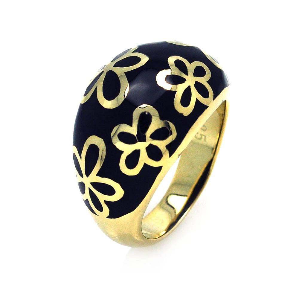 Sterling Silver Gold Plated Black Enamel Domed Band Ring with Multi Flower Design