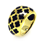 Sterling Silver Fancy Gold Plated Domed Band Ring with Multi Black Enamel Clover Flower Design