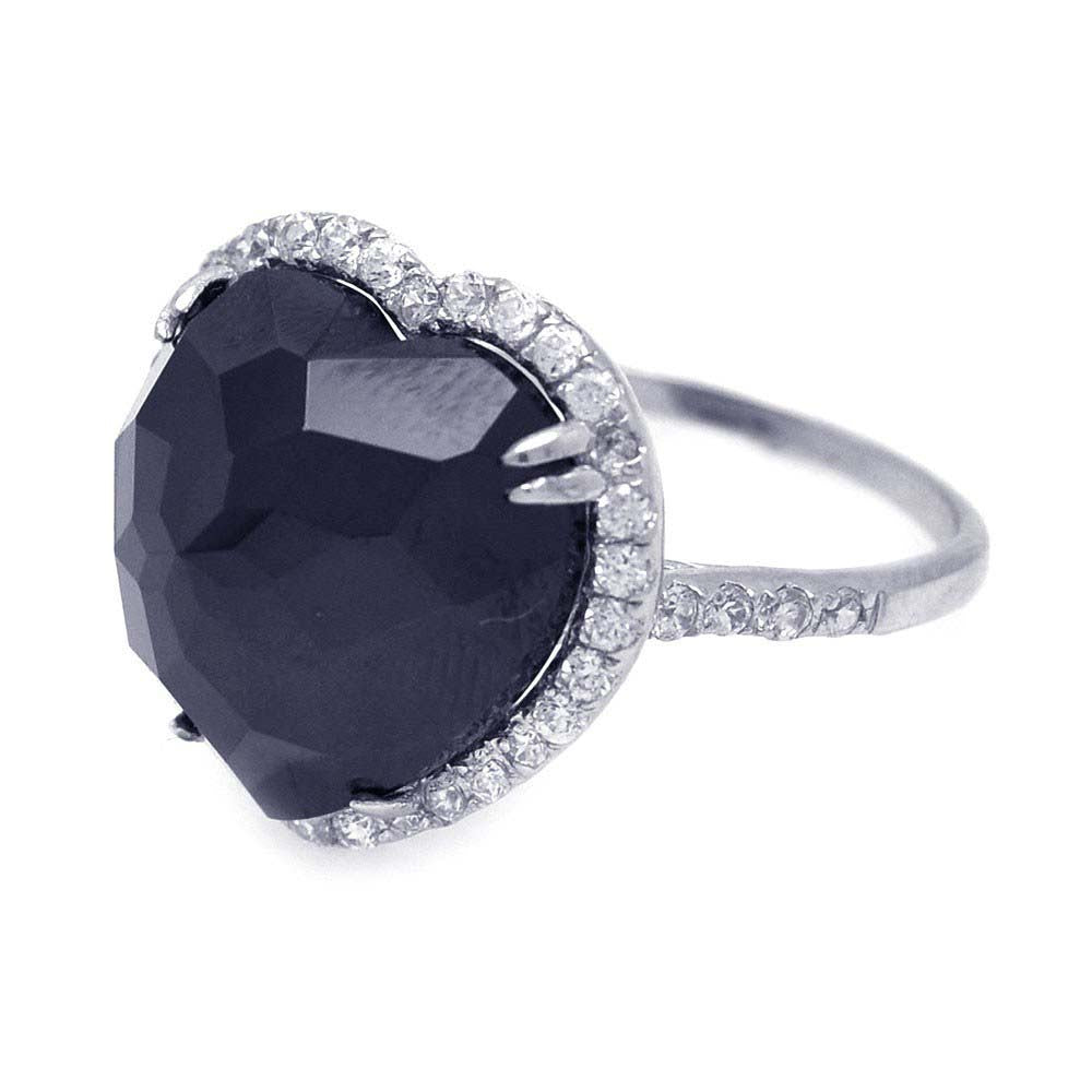 Sterling Silver Trendy Heart Cut Black Cz with Paved Halo Setting Ring