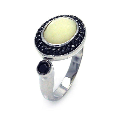 Sterling Silver Two-Toned Fancy Band Ring with Centered Oval Cut Mother of Pearl with Pave Black Cz Halo Setting