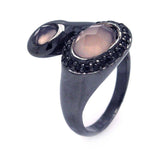 Sterling Silver Black Rhodium Plated Fashionable Bypass Band Ring with Two Oval Cut Pink Czs Embedded with Black Czs Around