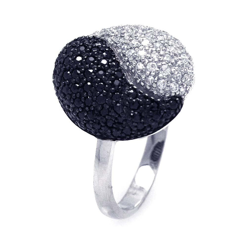 Sterling Silver Two-Toned Yin Yang Design Inlaid with Micro Paved Clear and Black Czs Ring