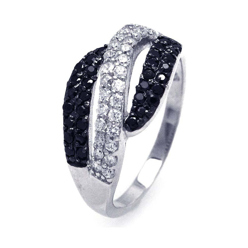 Sterling Silver Two-Toned Classy Open Wave Design Embedded with Micro Paved Clear and Black Czs