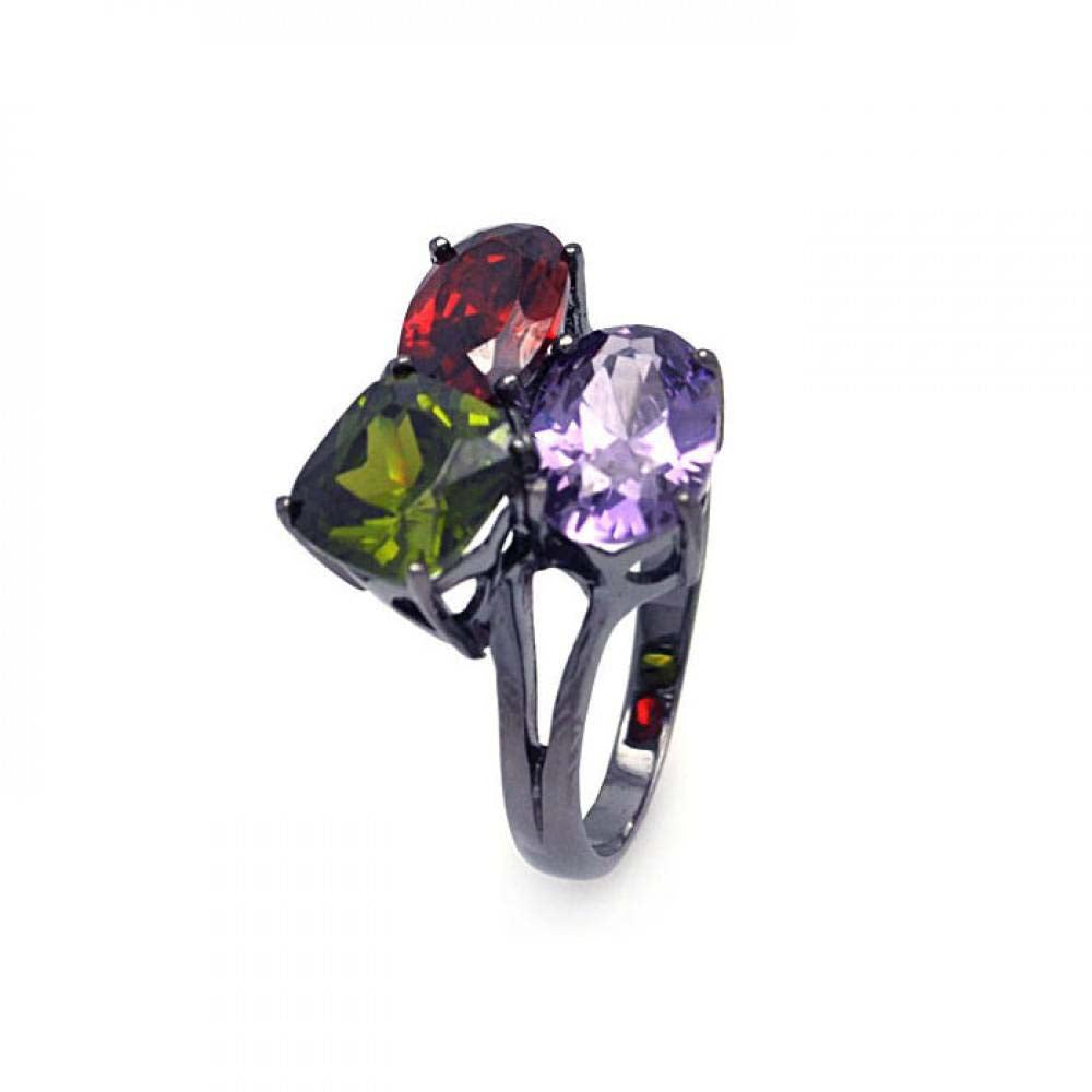 Sterling Silver Black Rhodium Plated Fancy Band Ring Set with Red and Amethyst Oval Cut Cz and Single Cushion Cut Green Cz