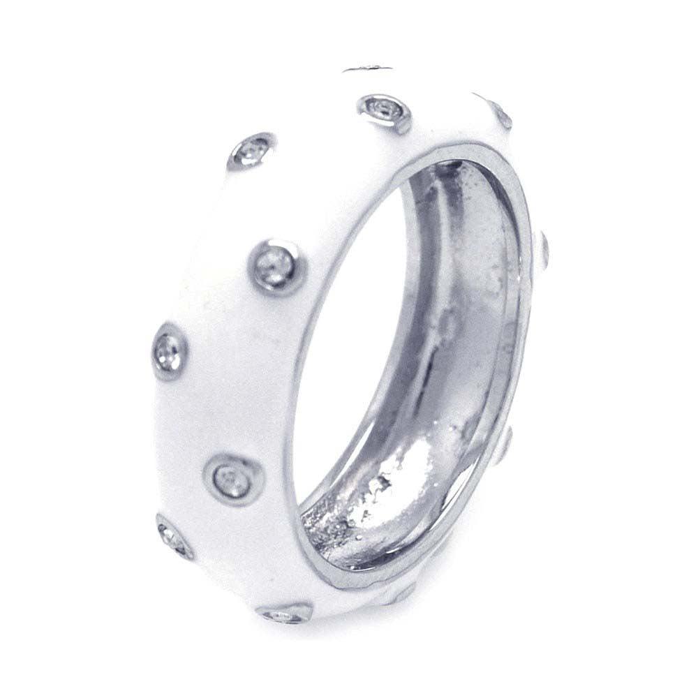 Sterling Silver White Enamel Band Ring with Multi Clear Czs Dotted Design