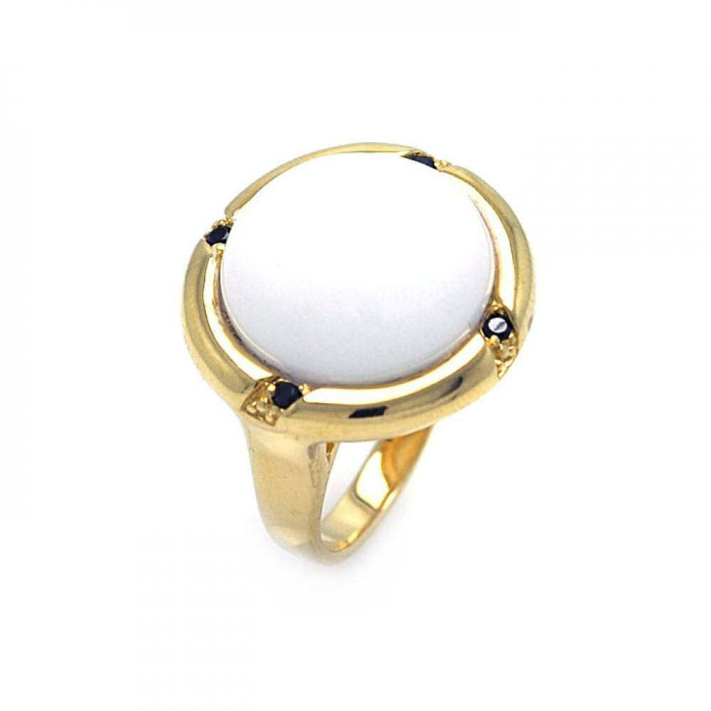 Sterling Silver Gold Plated Fancy Ring with Centered Round Cut White Stone Inlaid with Black Czs