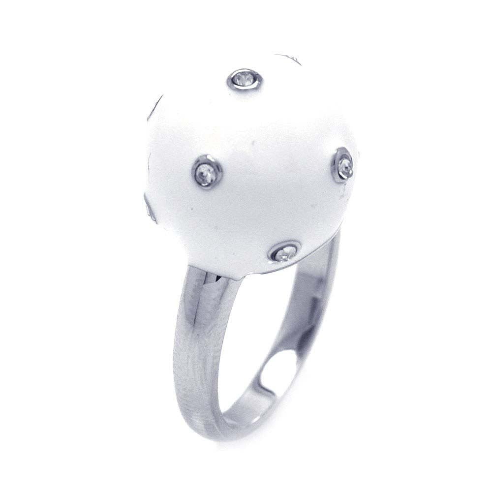 Sterling Silver Fancy White Enamel Ball Ring with Multi Clear Czs Dotted Design