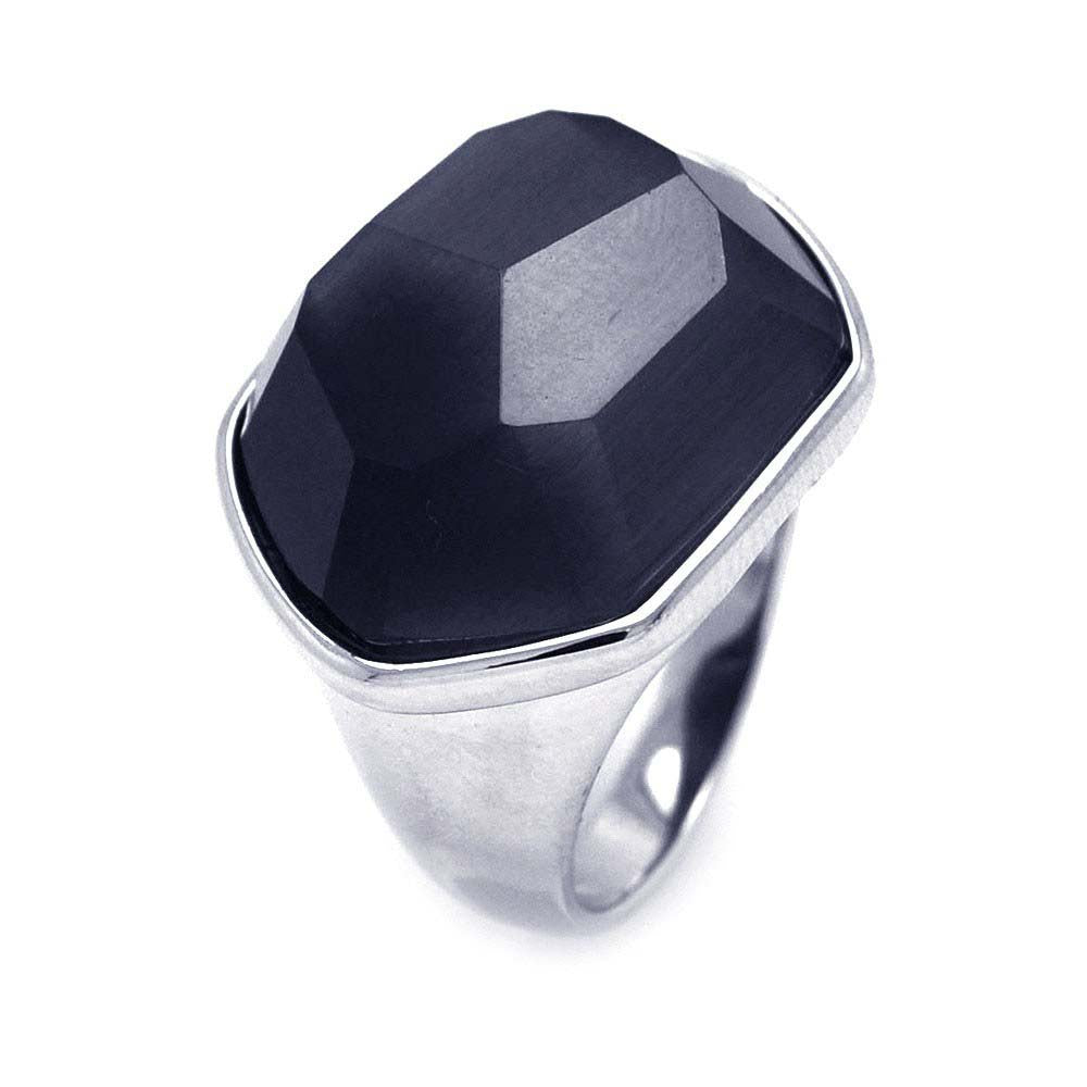 Sterling Silver Fashionable Domed Band Ring with Centered Faceted Black Synthetic Stone