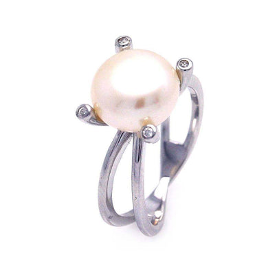 Sterling Silver Fancy Solitaire with Clear Czs on Four Corners and Centered Champagne Pearl Split Shank Ring