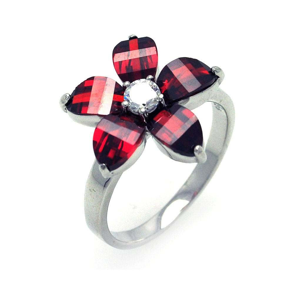 Sterling Silver Stylish Flower Design Set with Red Czs and Centered Round Cut Clear Cz Ring