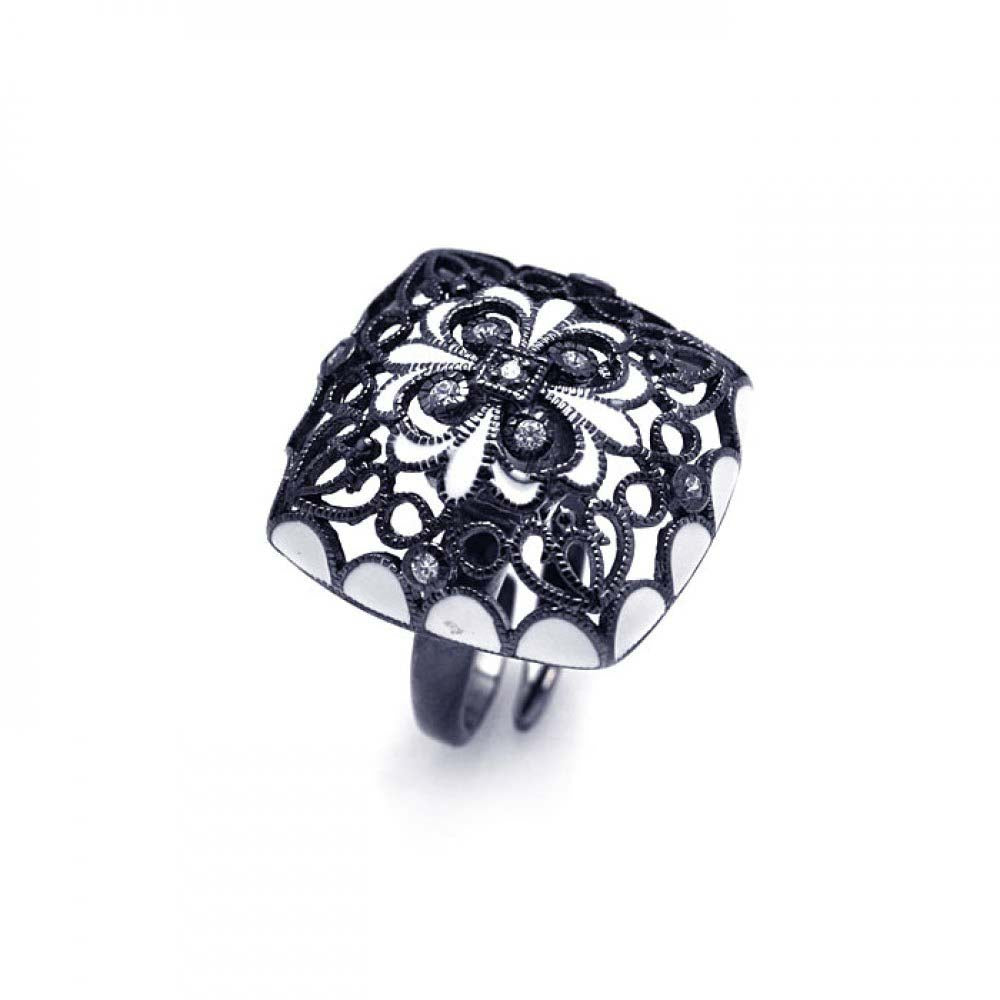 Sterling Silver Two-Toned Square Shaped with Filigree Accent and Flower Design Inlaid with Clear Czs Ring