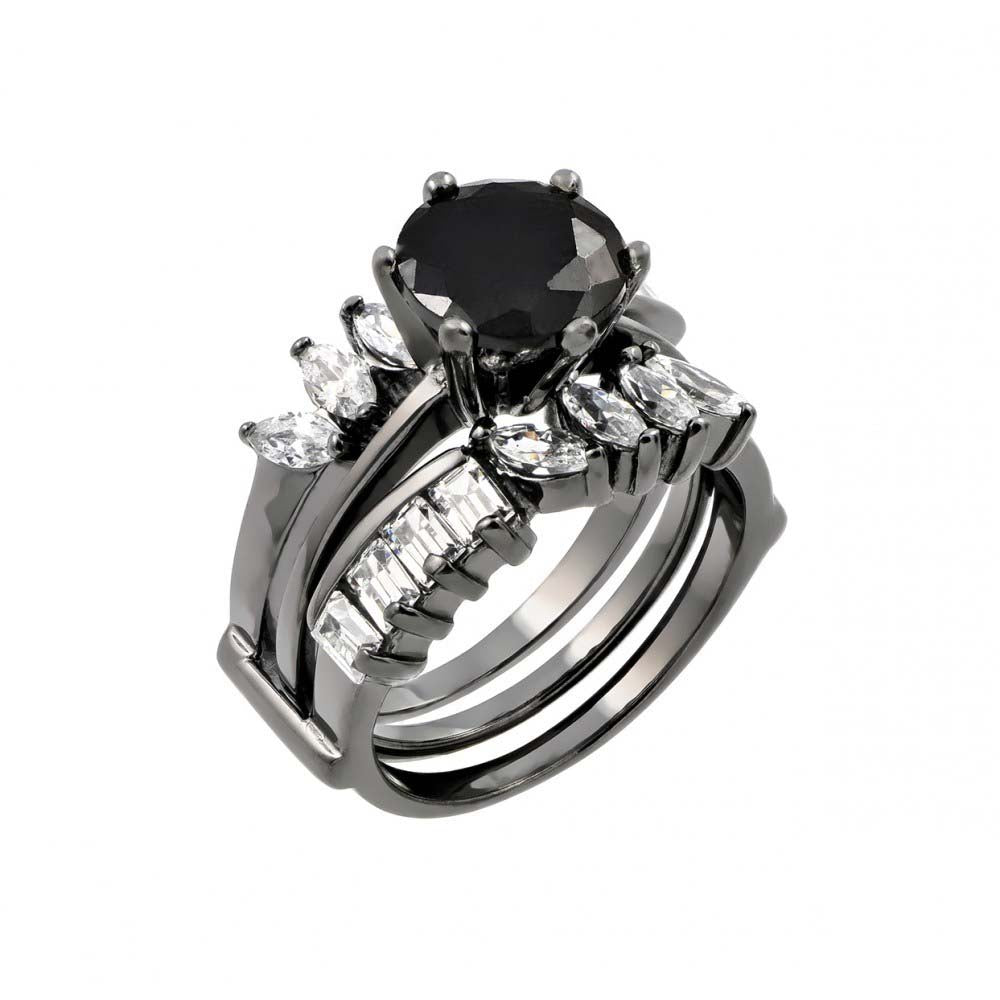 Sterling Silver Nickel Free Black Rhodium Plated Black Center Round Shaped Ladies Ring With Clear Baguette Marquise CZAnd Width 8mm