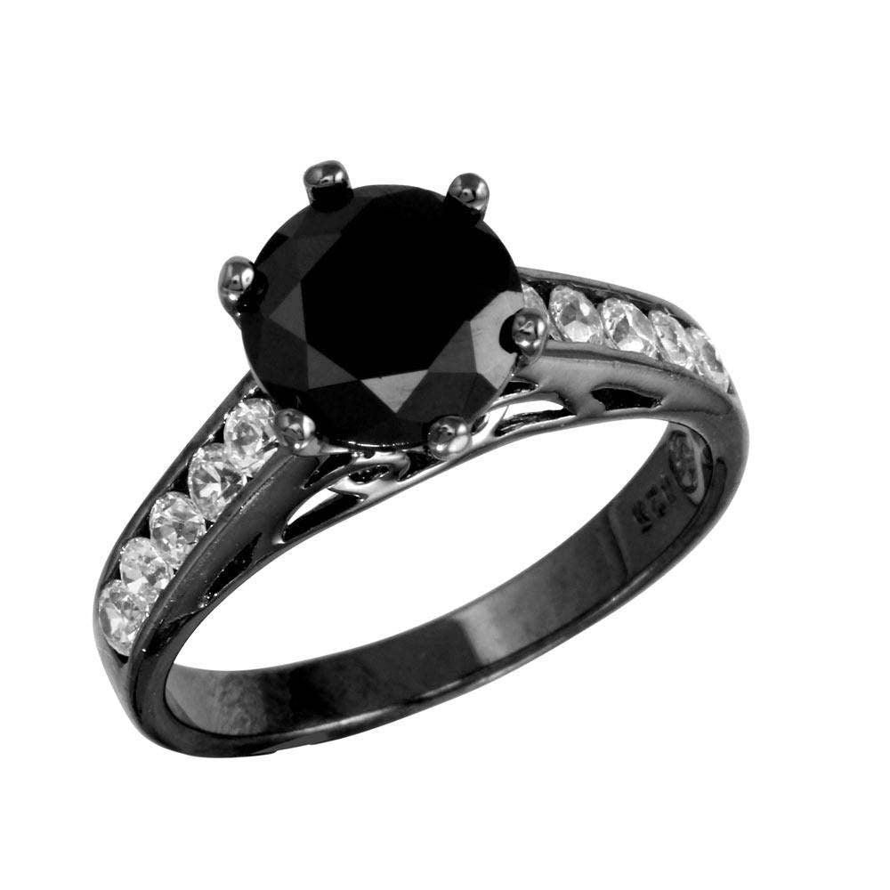 Sterling Silver Black Rhodium Plated Round Shaped Ring With Shank Black CZAnd Width 9.6mm
