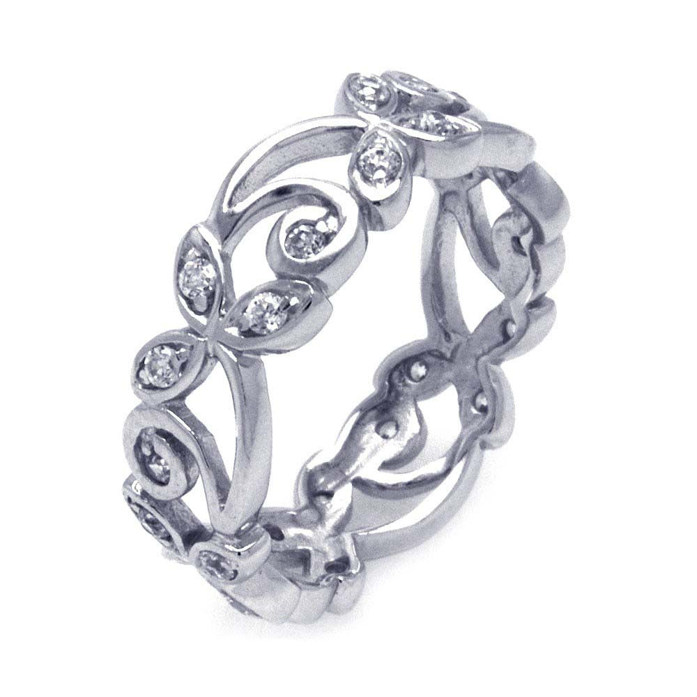 Sterling Silver Fancy Eternity Flower Design Inlaid with Clear Czs Band Ring