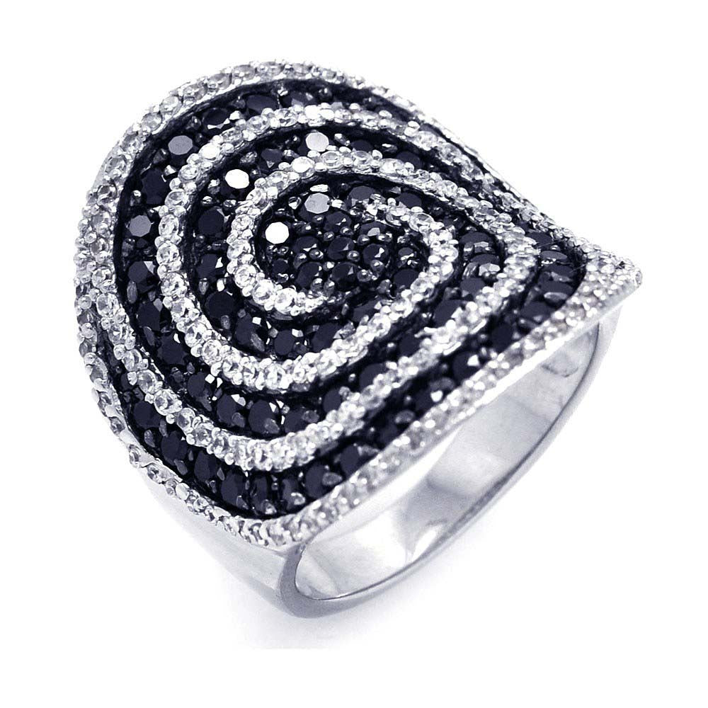 Sterling Silver Two-Toned Stylish Cigar Band Ring with Spiral Design Embedded with Clear and Black Czs