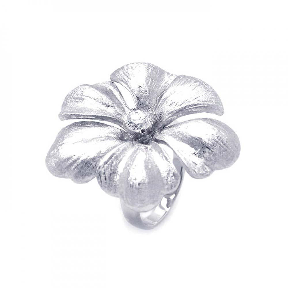 Sterling Silver Rhodium Plated  Matte Finish Single Cz Flower Ring