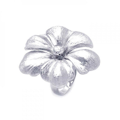Sterling Silver Rhodium Plated  Matte Finish Single Cz Flower Ring