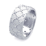 Sterling Silver Fancy Matte Finish Band Ring with Criss-Cross Pattern Design Inlaid with Clear Czs