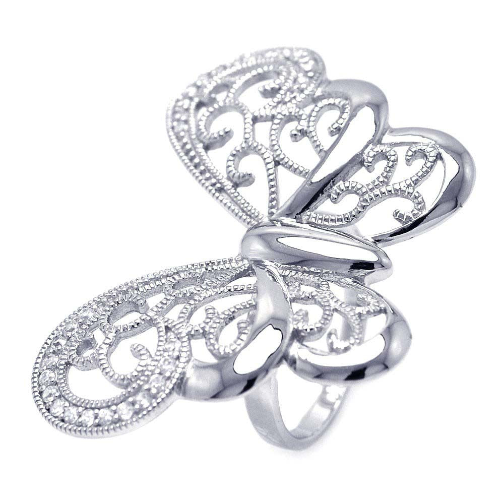 Sterling Silver Fancy Filigree Butterfly Design Embedded with Clear Czs Ring