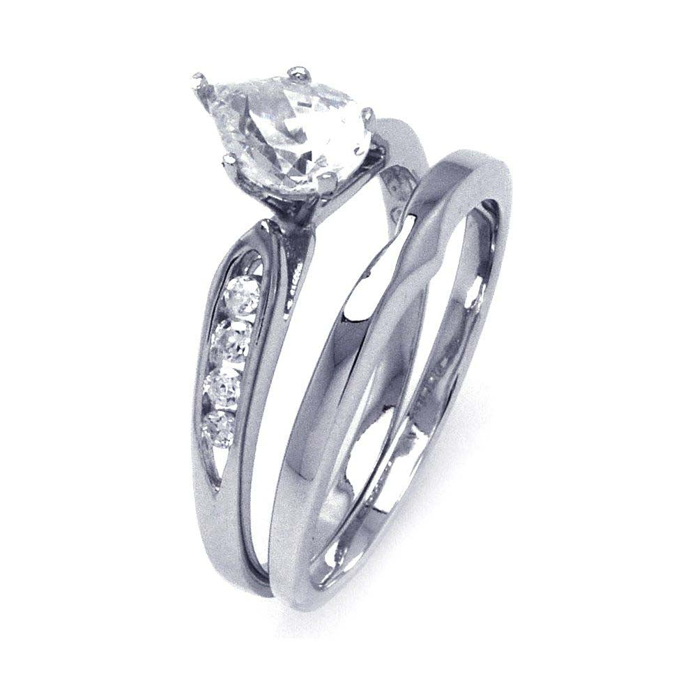 Sterling Silver Classy Bridal Set Ring with Centered Solitaire Pearshaped Cut Clear Cz with Round Czs on Channel Setting