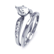 Load image into Gallery viewer, Sterling Silver Classy Bridal Set Ring with Centered Solitaire Pearshaped Cut Clear Cz with Round Czs on Channel Setting