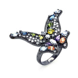 Sterling Silver Black Rhodium Plated Fancy Butterfly Design Embedded with Multi-Colored Czs