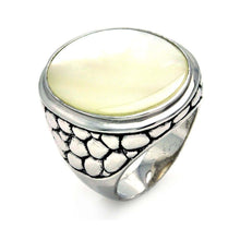 Load image into Gallery viewer, Sterling Silver Oxidized Rhodium Plated Fancy Cigar Band Ring with Rock Textured Design and Centered White Mother of Pearl