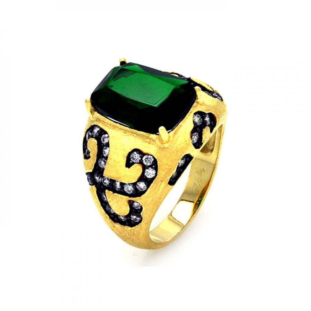 Sterling Silver Gold Plated Fashionable Cigar Band Ring wiith Black Rhodium Plated Filigree Accent Inlaid with Clear Czs and Centered Emerald Cz