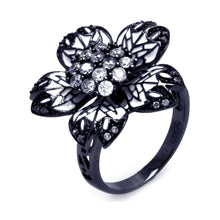 Load image into Gallery viewer, Sterling Silver Black Rhodium Plated Fancy Flower Design Inlaid with White Enamel and Clear Czs Ring