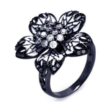 Sterling Silver Black Rhodium Plated Fancy Flower Design Inlaid with White Enamel and Clear Czs Ring